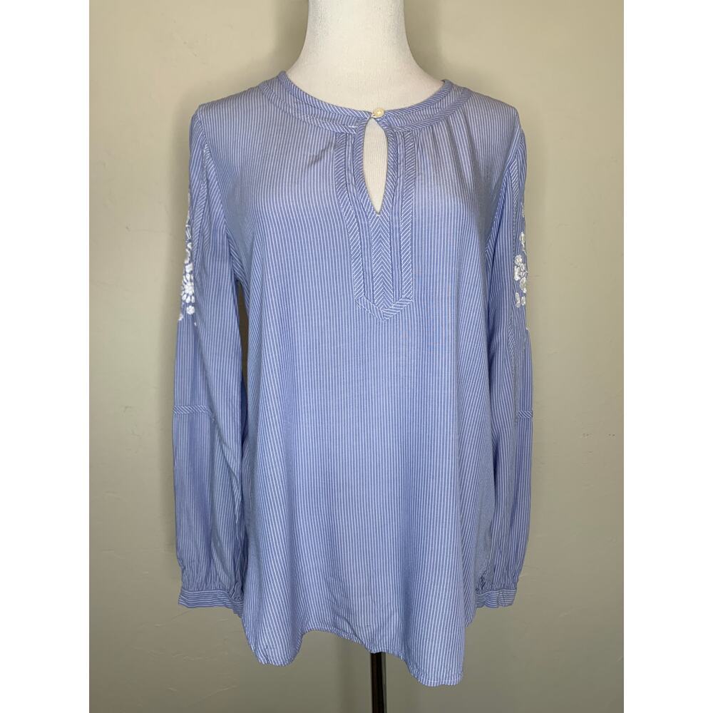 Loft Blue Striped Tunic Top White Floral Embroidery on Sleeves Sz Small